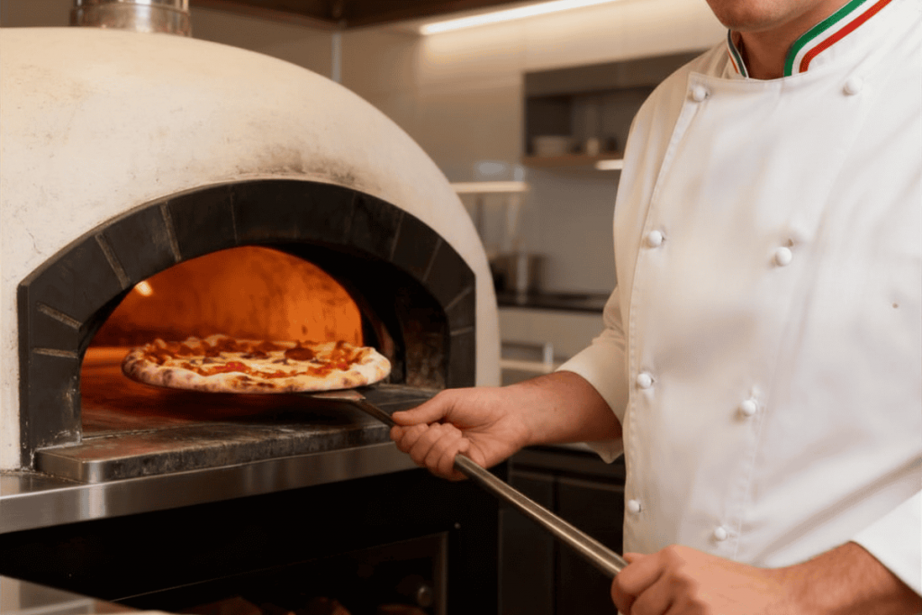 pizzaiolo cocinando pizza napolitana