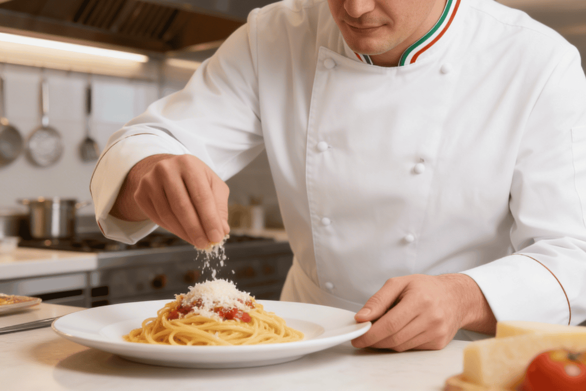 Chef italiano emplatando pasta con queso